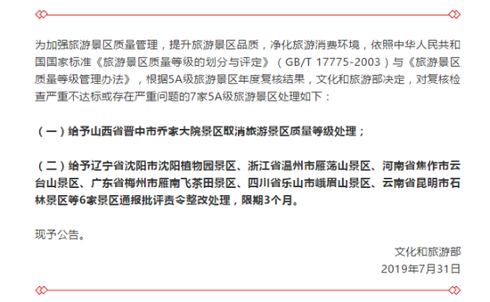 文旅部：取消喬家大院5A旅游景區(qū)質(zhì)量等級